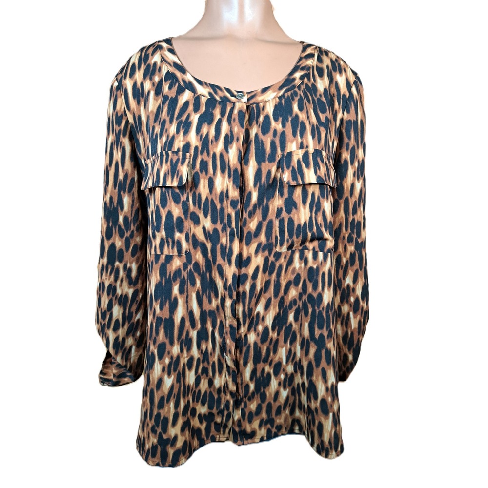 Anne Klein Leopard Print Roll Tab Sleeve Button Up Blouse Brown‎ Black Large